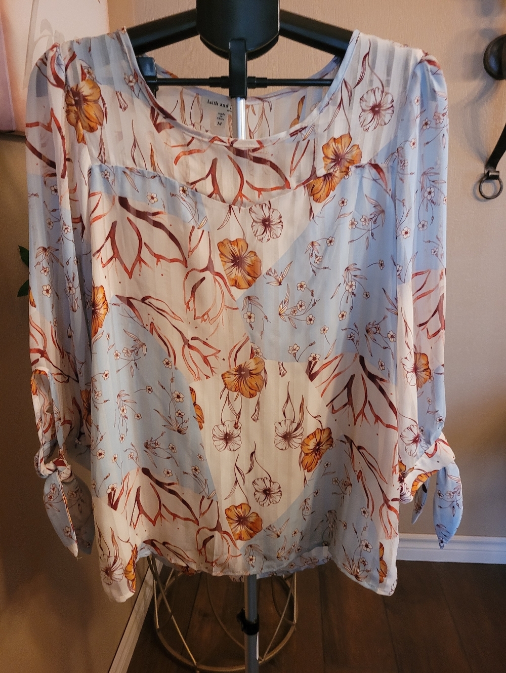 Monteau Floral Blouse in Cream, Blue and Orange